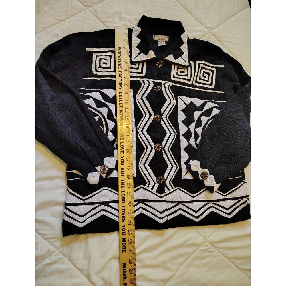 New Direction Vintage Black & White Applique Geometric Waffle Knit Cardigan...